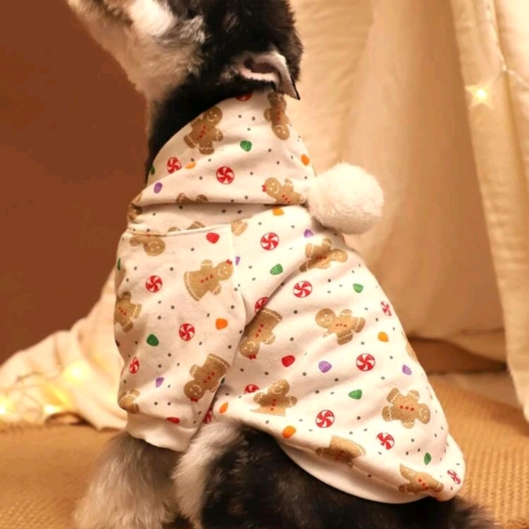 Christmas Gingerbread dog sweater Pom pom hoodie Medium - Picture 3 of 4